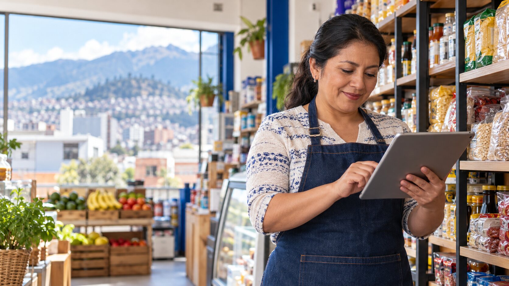 Comerciante revisando productos e inventario en su tienda