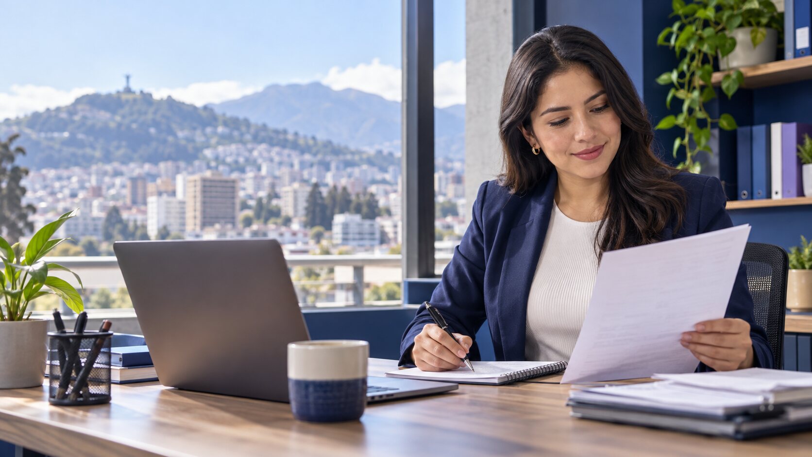 Emprendedora revisando facturas y registros en su oficina en Quito