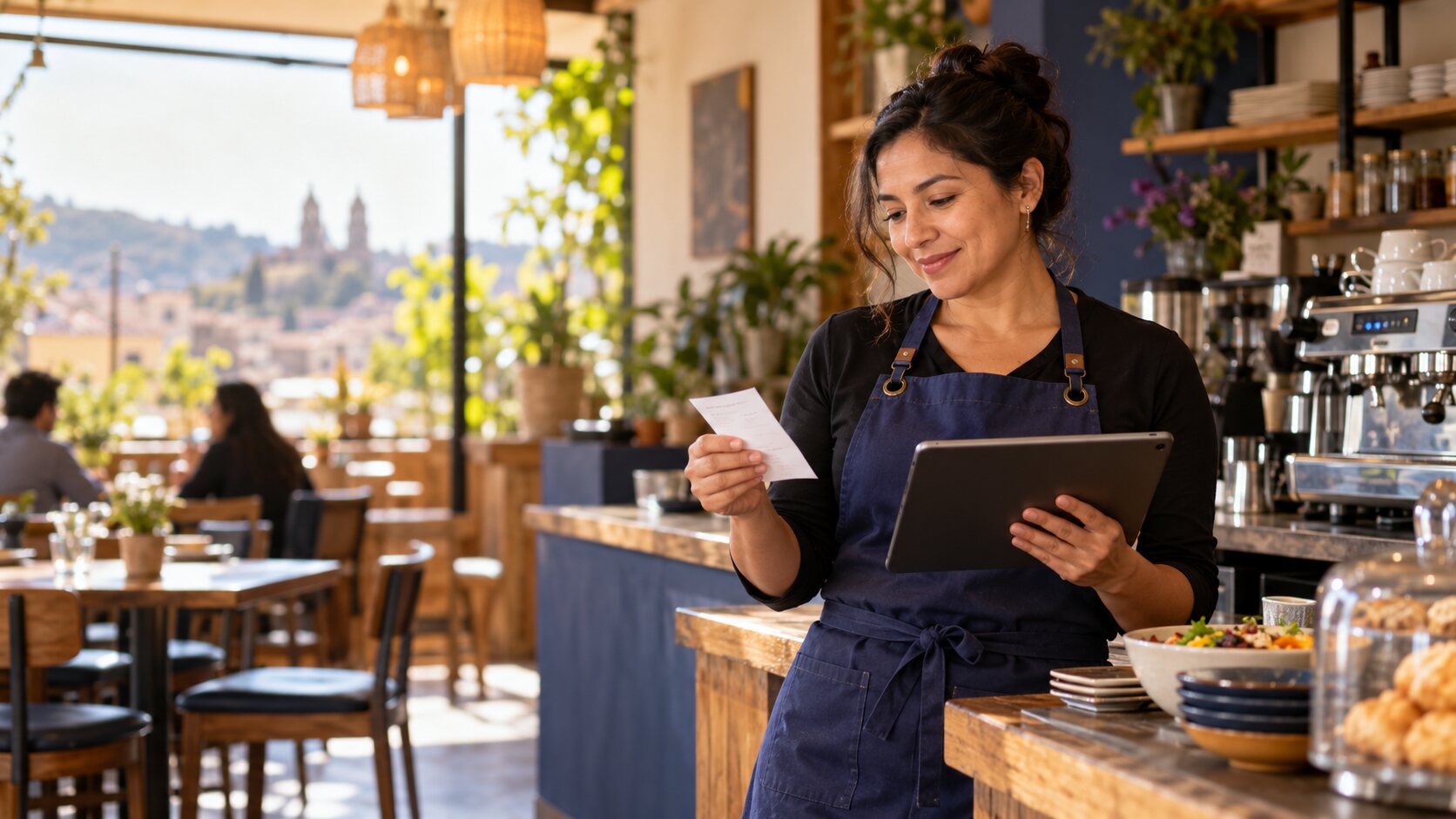 Administradora de cafetería revisando un pedido en la barra