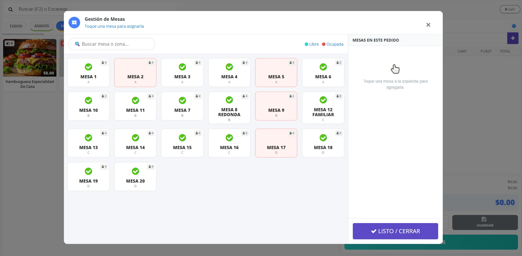 Interfaz de mesas de WooRestaurante